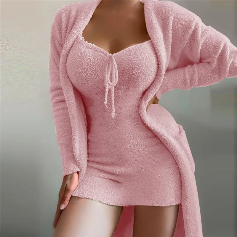 

WUH Fluffy Two Piece Set Sexy Tracksuit Plush Velvet Long Cardigan Coat + Drawstring Bodycon Skinny Dress Solid Women's Clothing