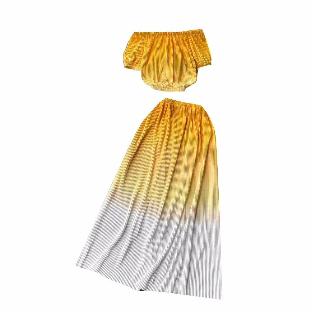 

New Summer Women Gradient Pleated Miyake Skirt Suits Sexy Slash Neck Short Sleeve Top And High Waist Long Skirt Two Piece Set
