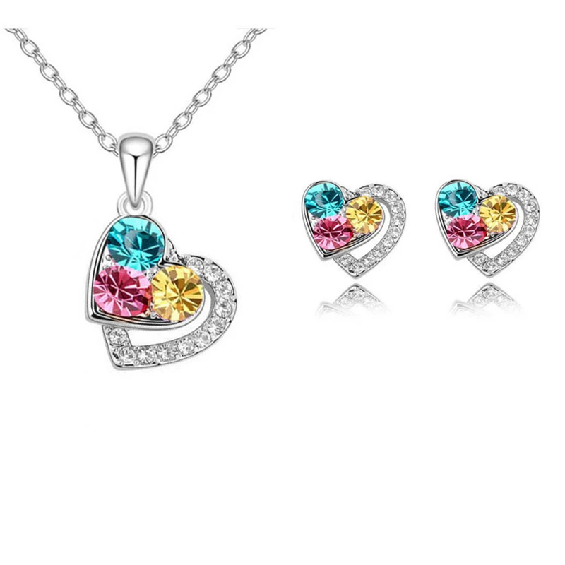 

Fashion Silver Valentine Anniversary Gift Women Jewelry Set Rhinestone Crystal Love Heart Shape Female Pendant Necklace Earrings