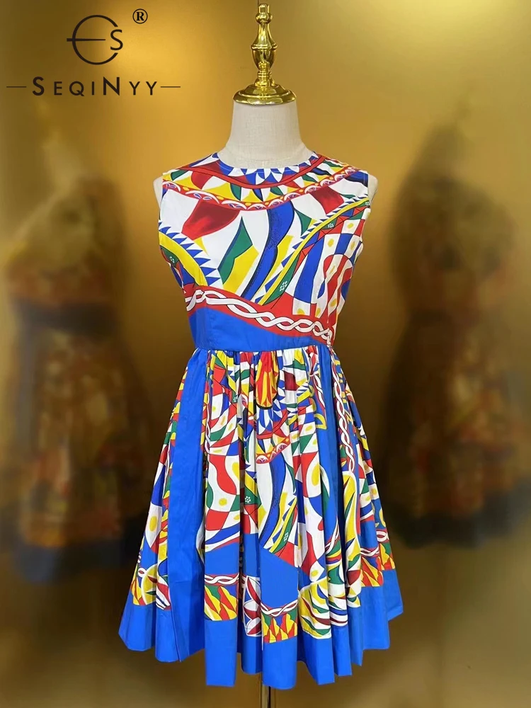 SEQINYY Sicily Mini Dress Summer Spring New Fashion Design Women Runway High Quality 100% Cotton Vest Blue Plaid Colorful Print