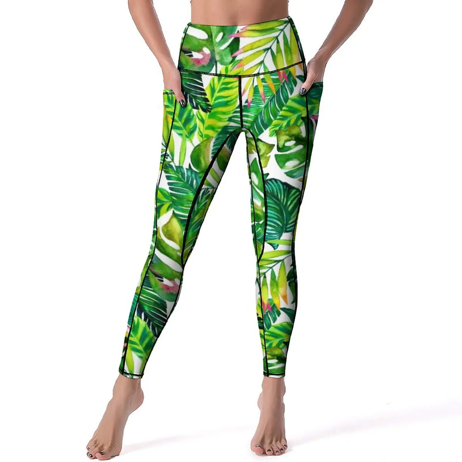 

Tropical Print Leggings Sexy Banana Leaves Push Up Yoga Pants Fashion Quick-Dry Leggins With Pockets Lady Running Sport Legging