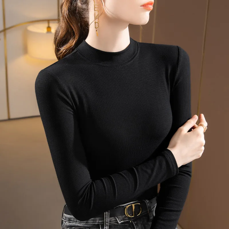 

Thread bottomed for women clothing front shoulder small standing neck long sleeved T-shirt autumn and winter lining elastic top