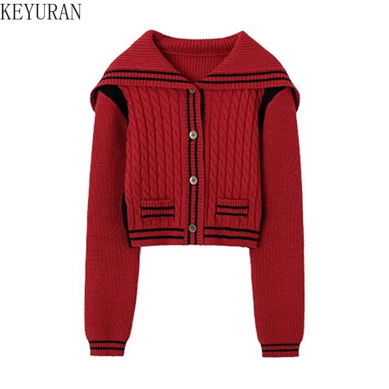 

Women Cropped Sweater Coat Red Cardigan Fall Winter Korean Fashion Sailor Collar Short Cardigans Sweaters Preppy Style Knitwear