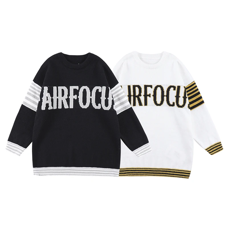 

High Street Color Match Patchwork Letter Striped Men's Winter Sweaters Round Neck Knitted Oversized Loose Pullover Clothes