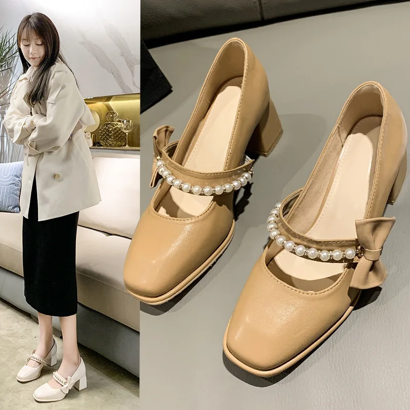 

Dress Shoes Round Toe Woman Chunky Sandals Casual Heels Mary Jane Shallow Mouth Branded Pumps Footwear 2022 Formal Block Straps
