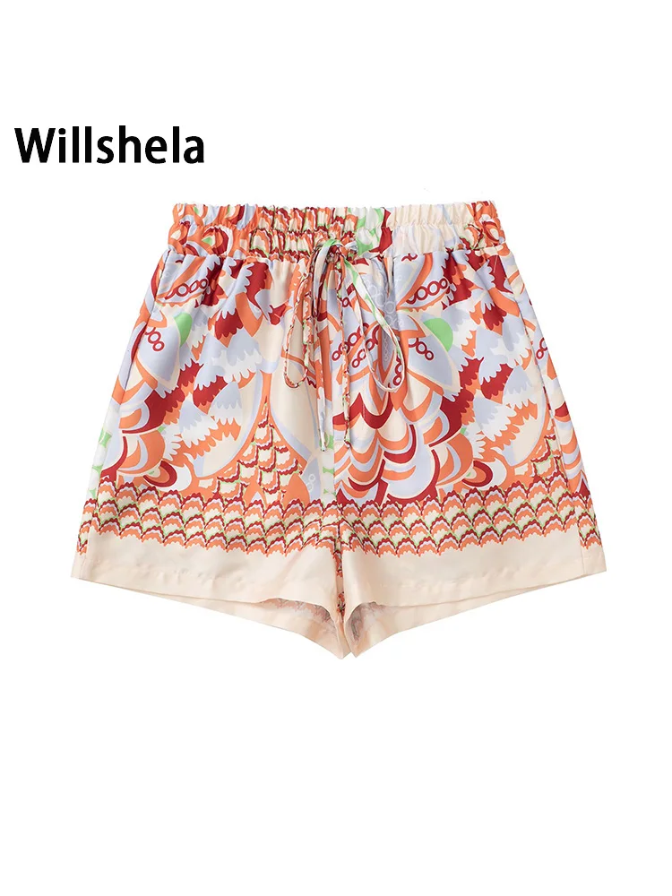 

Willshela женские модные шорты с принтом и эластичной резинкой на талии, винтажные женские шорты с высокой талией