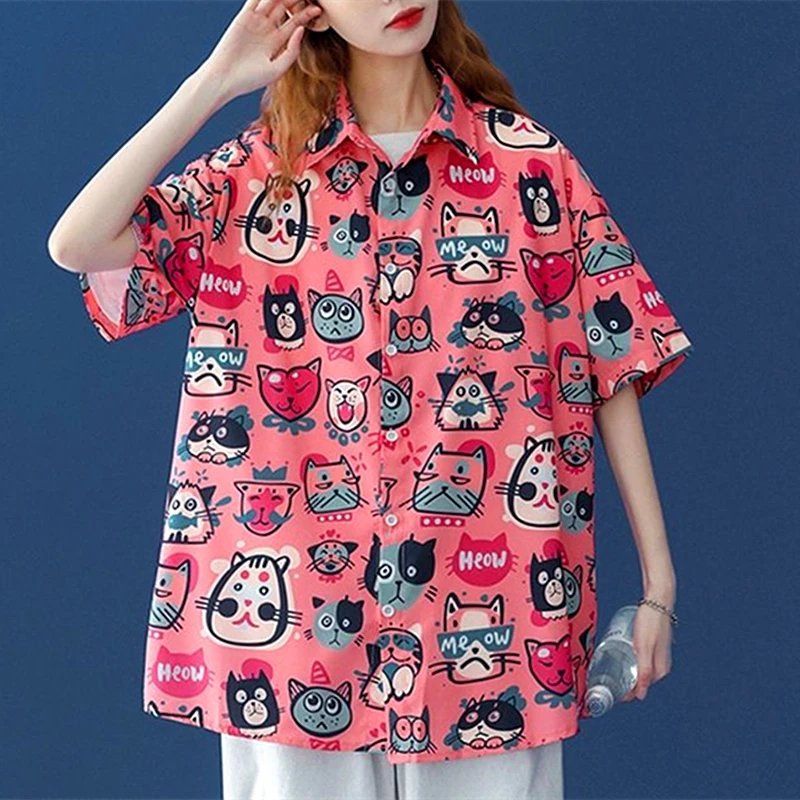 

2022 Y2K Aesthetic Graffiti Cats Comics Men Shirts Kawaii Beach Hawaii Women Button Up Shirts Short Sleeve Tops Summer Large 2XL