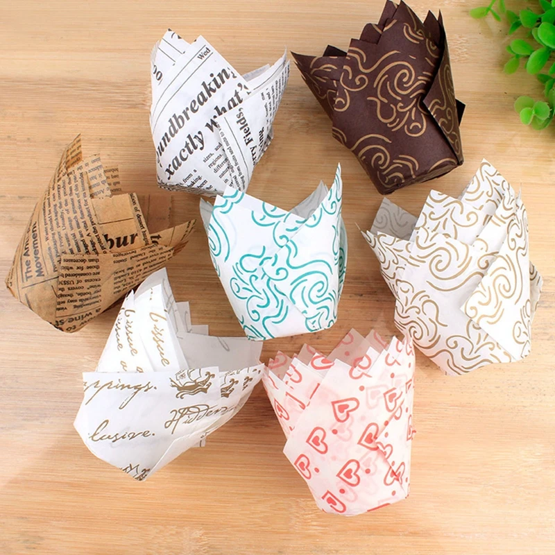 

50pcs/set Tulip Shape Muffin Cake Cup Baking Paper Cup For Wedding Party Cake Wrapping Paper Baking Tools Paper Liner For Cake