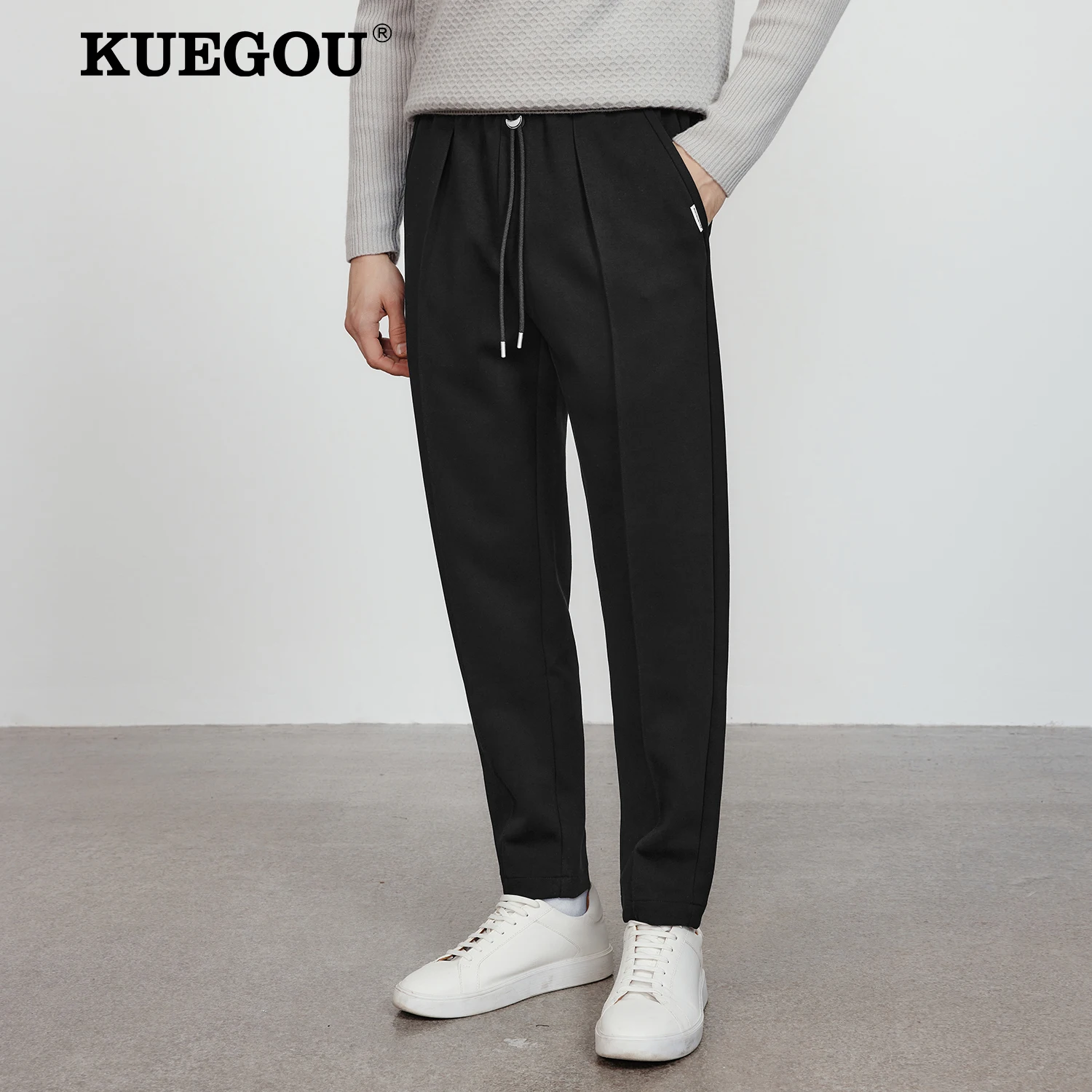 KUEGOU 2022 Autumn Cotton Solid Black Gray Casual Pants Men Classic Brand For Male Wear Work Straight Pocket Long Trousers 5009