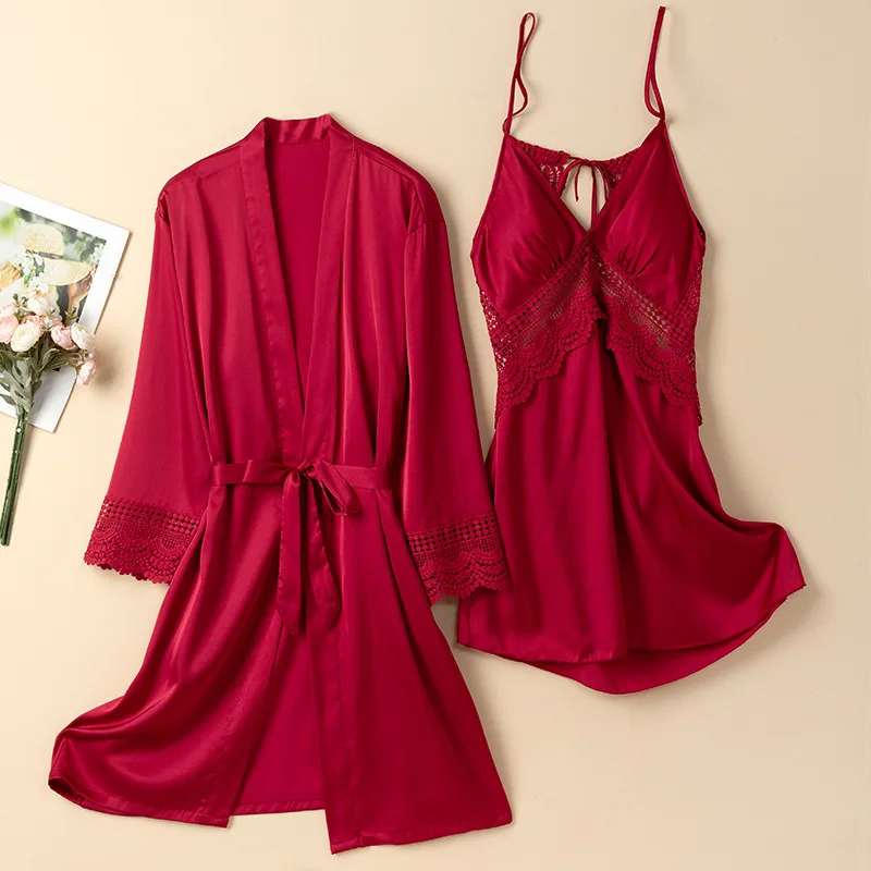 

Bathrobe Gown Sexy Backless Suspender Nightgown Female Twinset Robe Set Kimono Lingerie with Bra Spring Summer Satin Home Dress