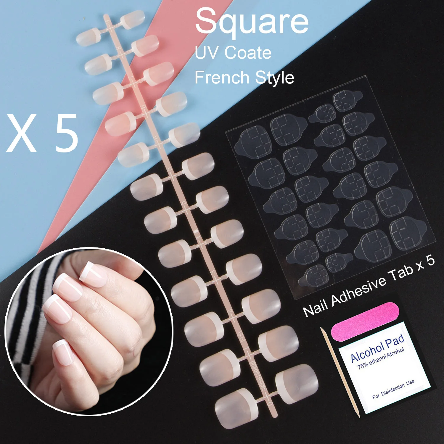 

Nail Adhesive Stickers Inculded 5 Packs/Lot French Sqaure False Nail Press on Fake Nail Full Cover Middle Length Nail DIY