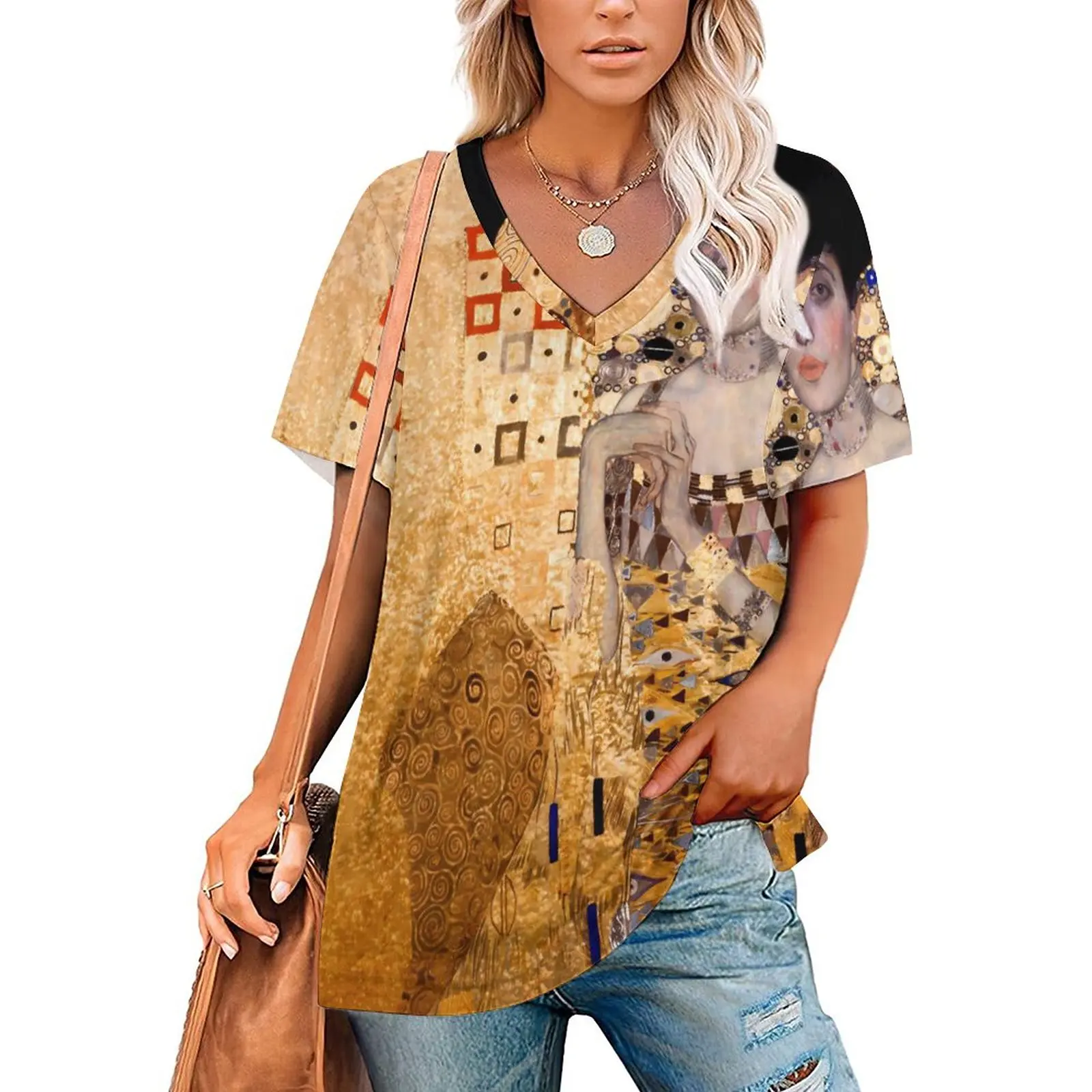 

Gustav Klimt Art T-Shirt Portrait of Adele Retro Oversize T-Shirts Short-Sleeve V Neck Casual Tshirt Woman Beach Custom Tops