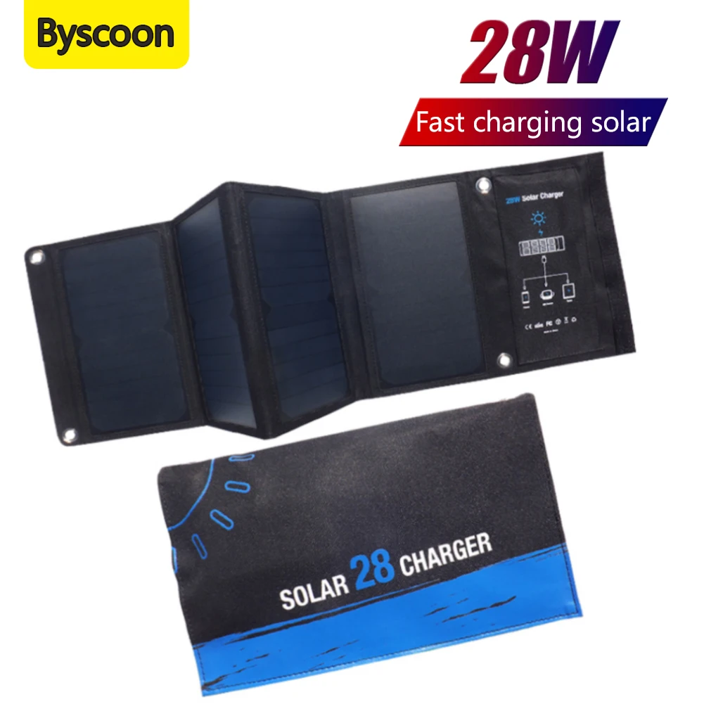 

Byscoon Solar Charger Folding Panel 28W SunPower Solar Cell 5V Quick Charge QC3.0 Outdoor Portable Travel Charger For Phone iPad