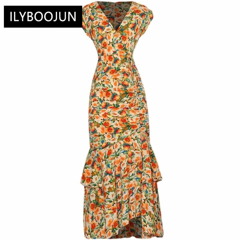 

Женское винтажное платье с юбкой годе, модельное элегантное Брендовое платье с V-образным вырезом, рукавами-фонариками и цветочным принтом, весна 2023