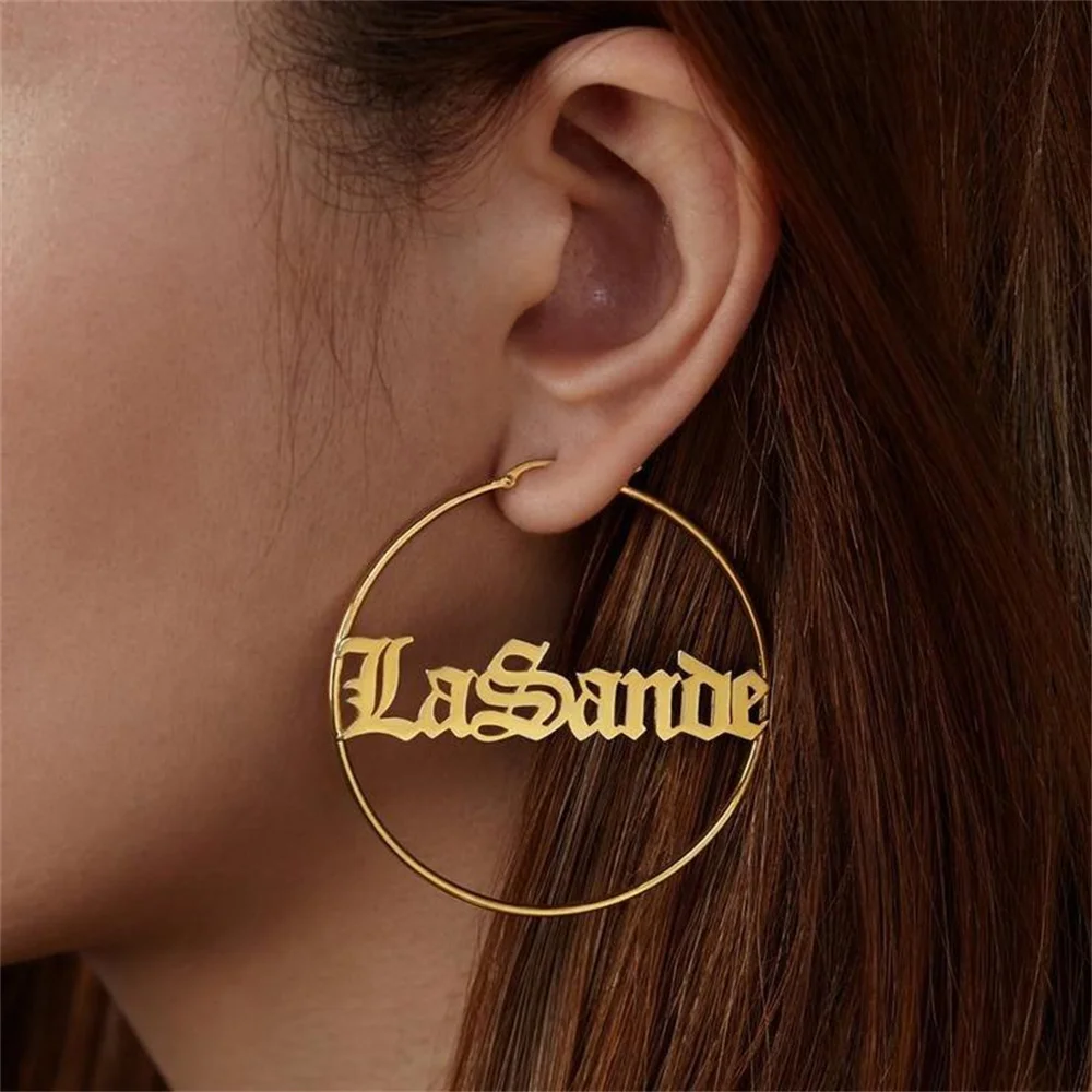 

Custom Name Earrings Personalized Old English Letter Nameplate Circle Earring Stainless Steel Jewelry For Women Gift