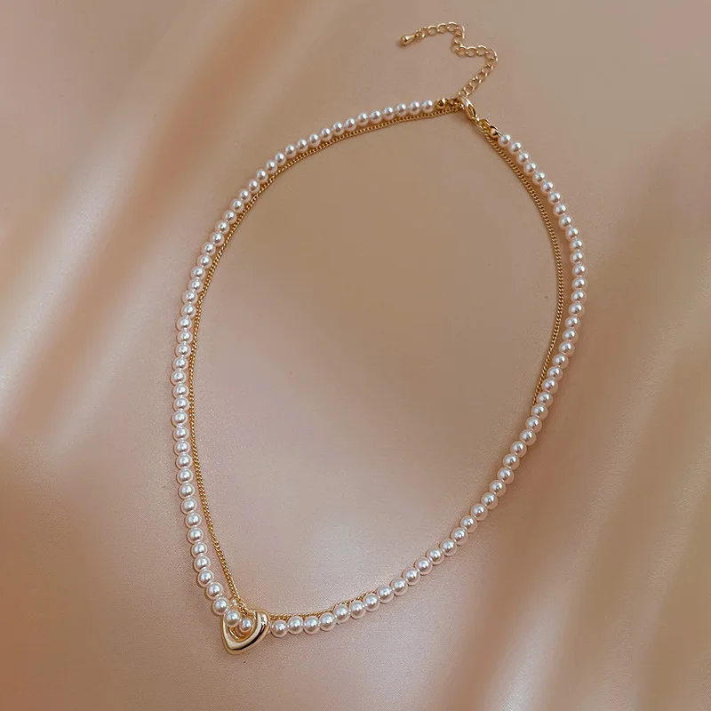 

Love Pearl Double-Layer Clavicle Chain Real Gold Plating European and American Ins Necklace for Women