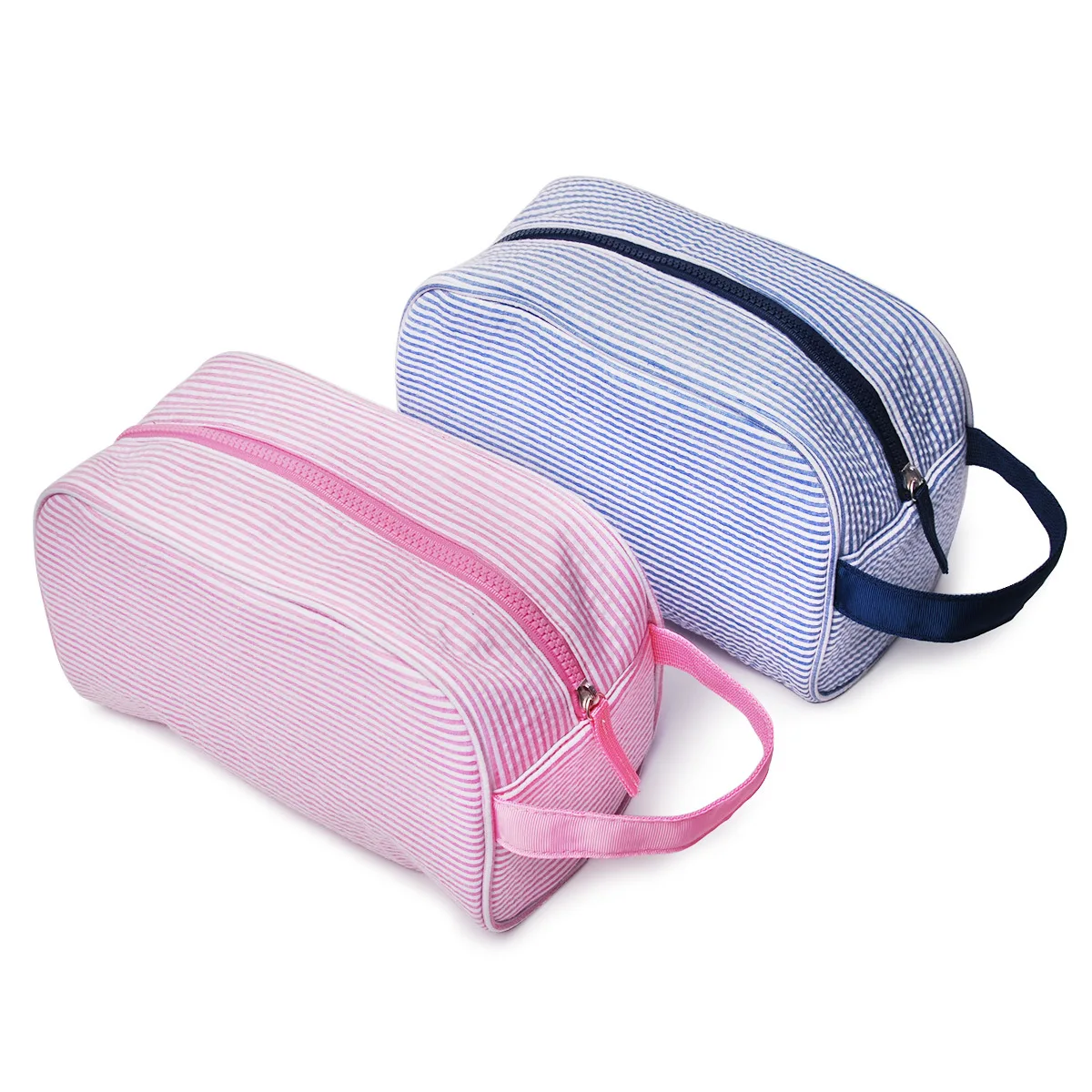 Wholesale Seersucker Cosmetic Bag Striped Storage Make Up Toiletry Pouch   For Women Lady With Zipper Travel Small Organizer Bag
