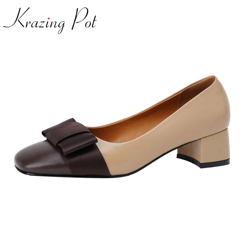 

Krazing Pot Genuine Leather Square Toe Med Heel Brand Shoes Mixed Colors Butterfly-knot French Romantic Elegant Women Pumps L57