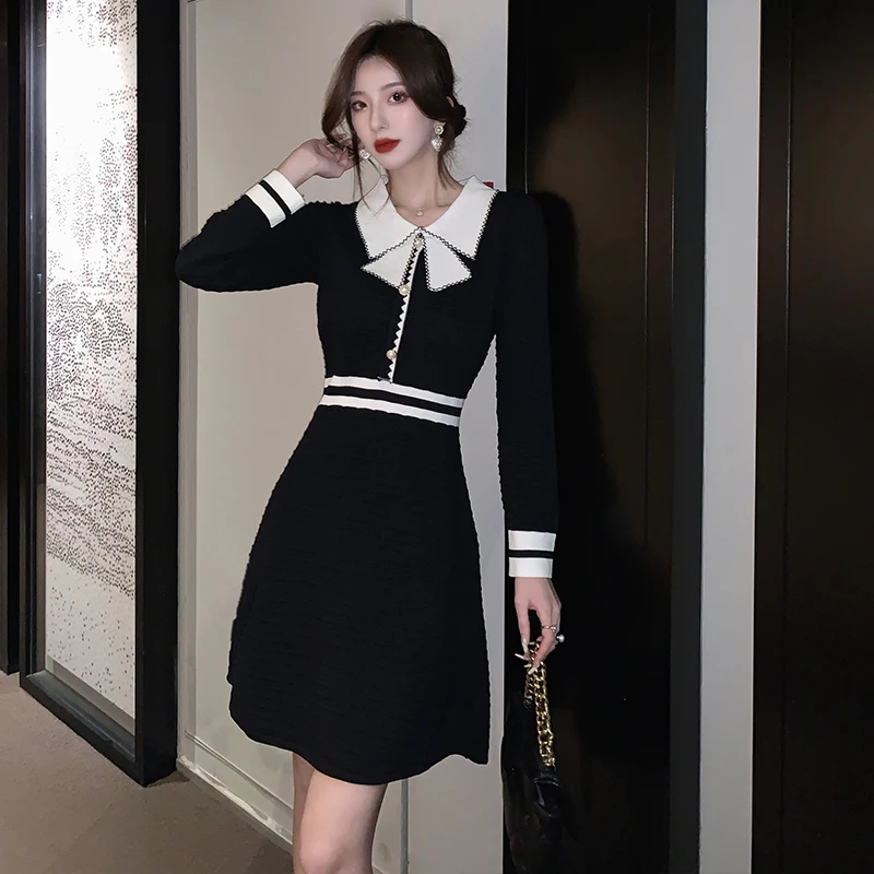 

New Fashion Hit Color Women Vintage Sweater Dress 2022 Autumn Winter A-Line Knit Dress