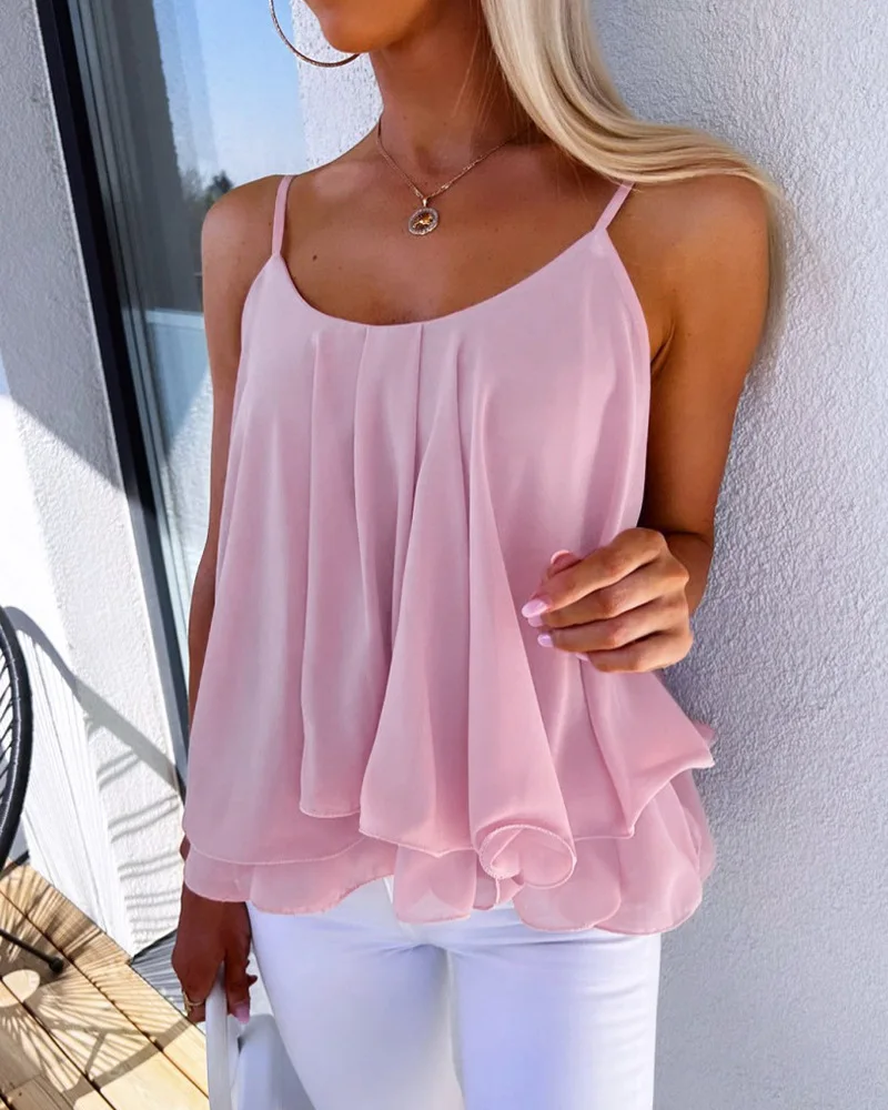 

Ruffle Hem Flowy Cami Top Women New Solid Color Summer Sexy Sleeveless Camis Tanks Tops O Neck