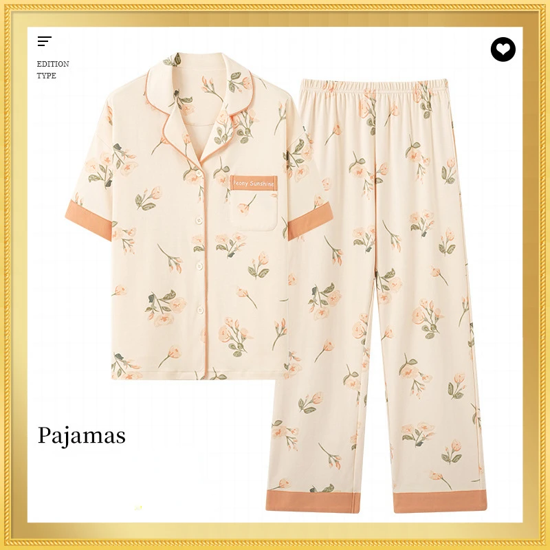 Women's Summer Pajamas Thin Cotton Lapel Cardigan Short-sleeved Trousers Home Service Suit Comfortable and Cute Style Sleepwear