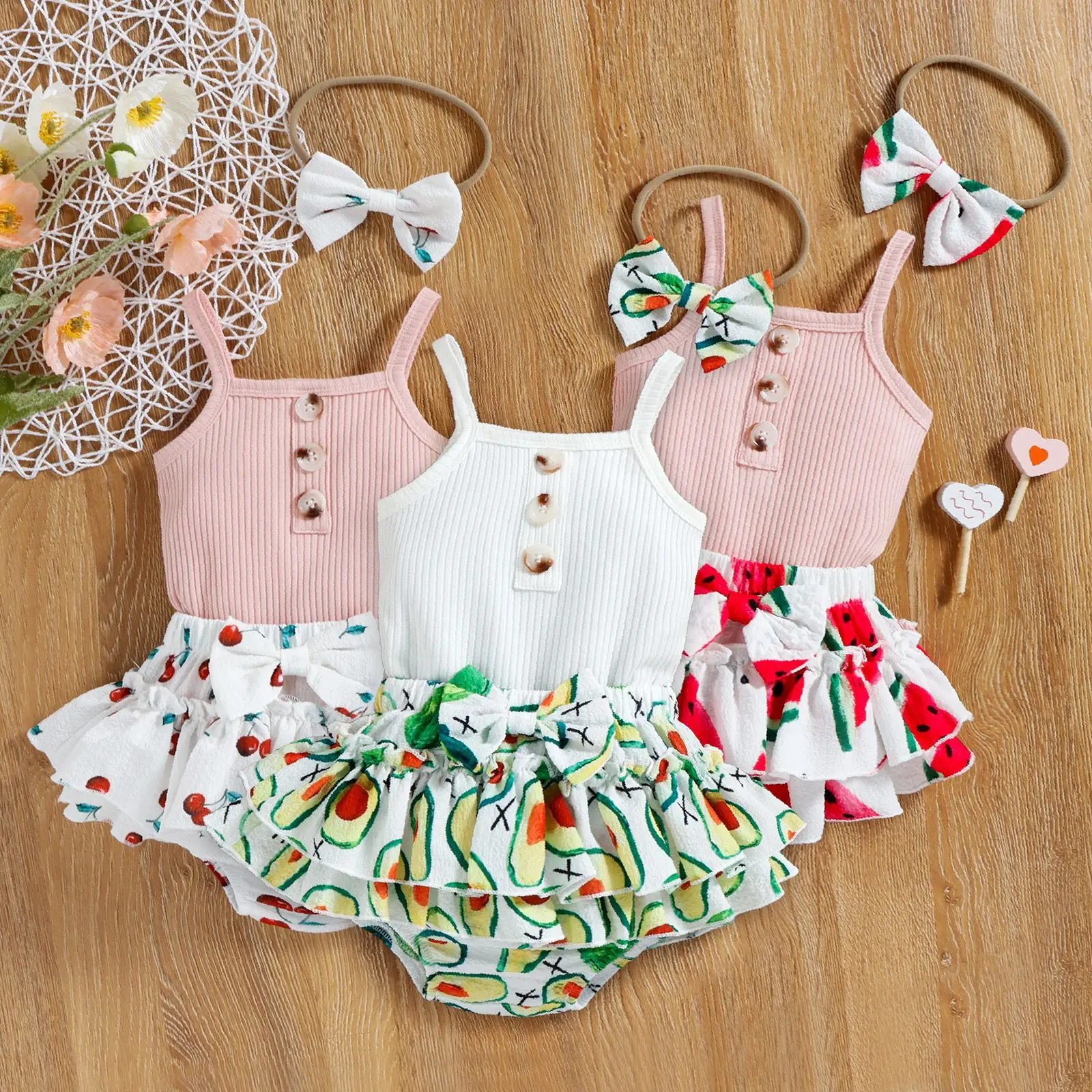Fashion Summer Newborn Baby Girl Clothes Set Fruit Print Skirt Pit Romper Strap Tops Headband Infant 3Pcs Toddler Outfits 0-24M