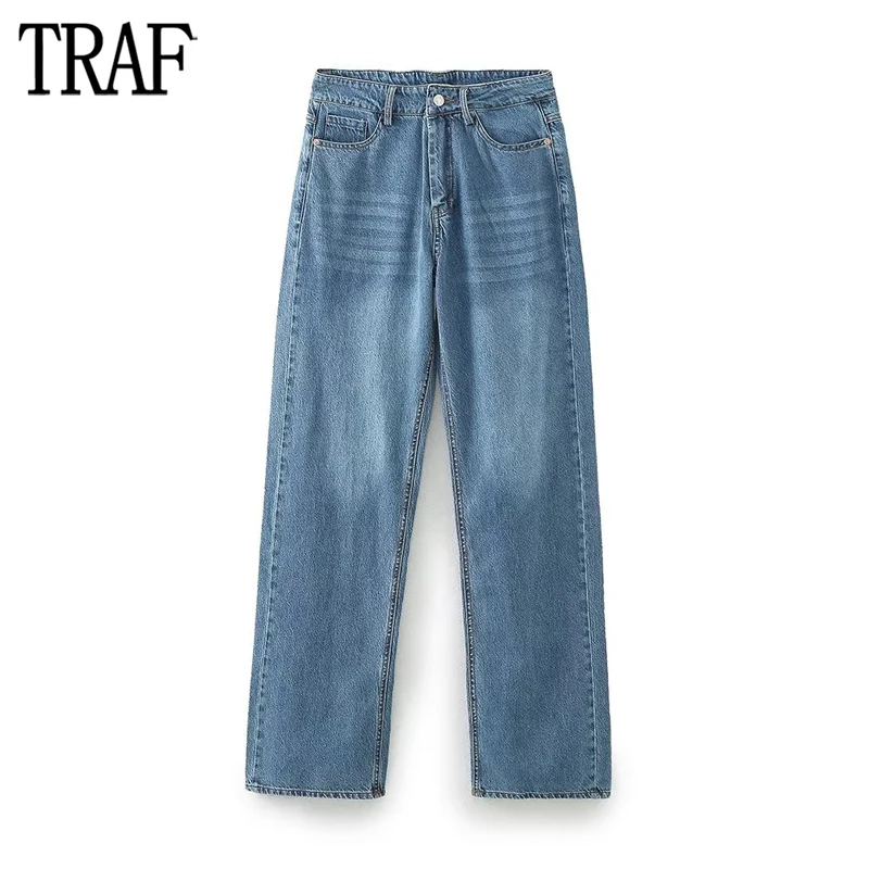 

TRAF Blue High Waist Jeans for Women Faded Straight Leg Jeans Women 2023 Fashion Denim Trousers Women Streetwear Jeans Woman