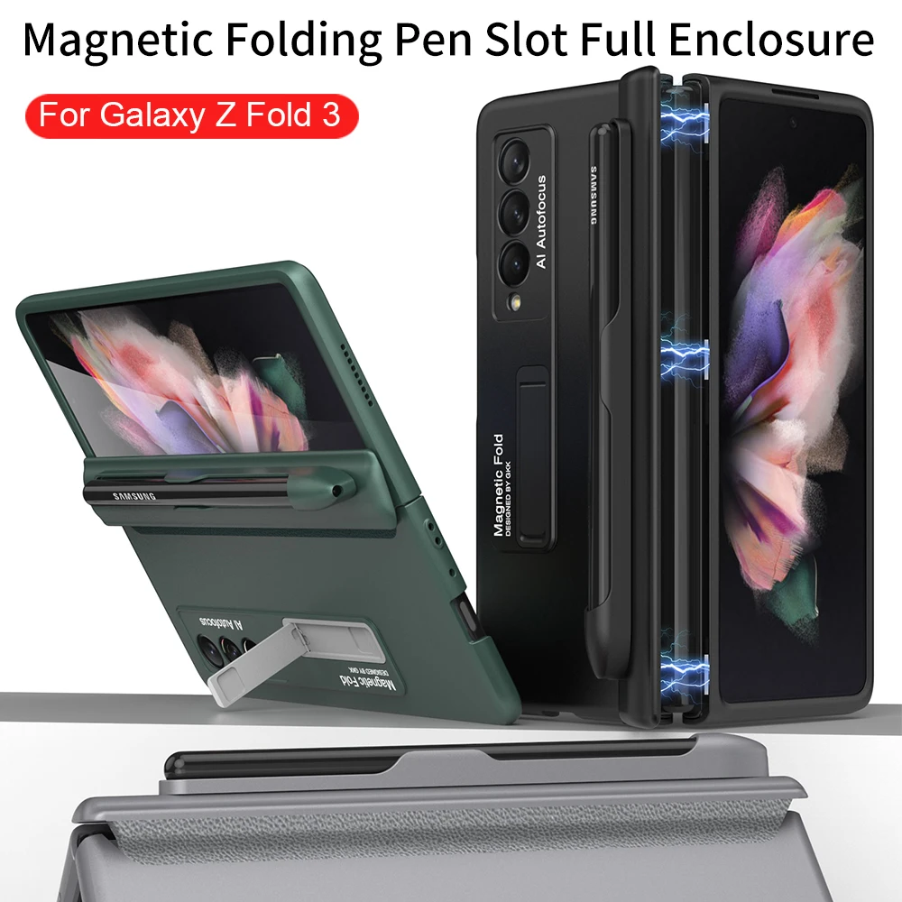 

With S Pen Slot Fold 3 Case For Samsung Galaxy Z Fold 3 Case Magnetic Shockproof Armor Matte PC Stand Protector Phone Case