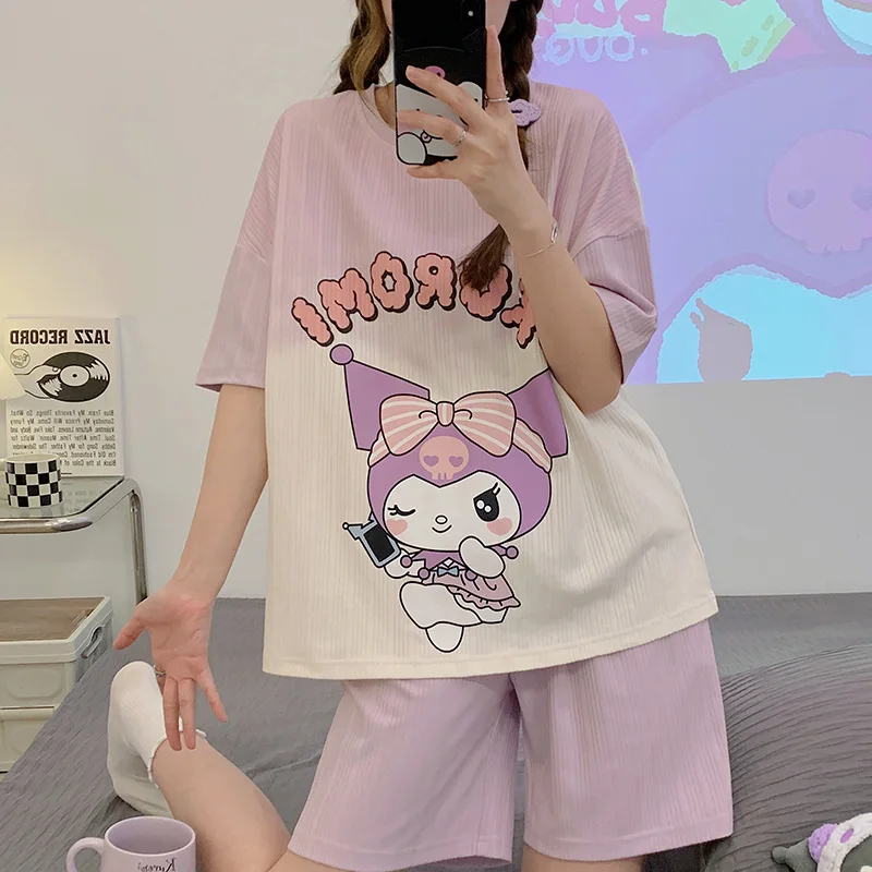 

Kawaii Sanrios Пижамный костюм Kuromi Cinnamoroll мультфильм аниме летние с круглым вырезом рукава шорты Домашняя одежда набор милая девочка подарок Instagram