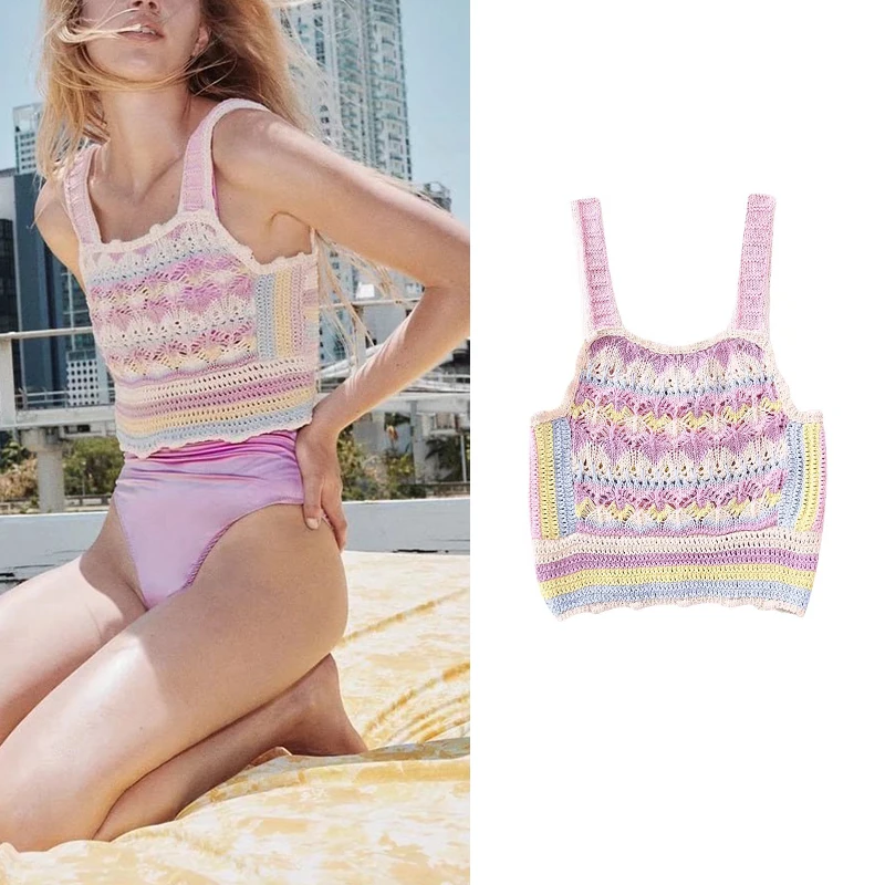 

Summer 2022 Women Textured Knit Camis Crop Top Spaghetti Strap Sleeveless Backless Female Casual Tops BB22724