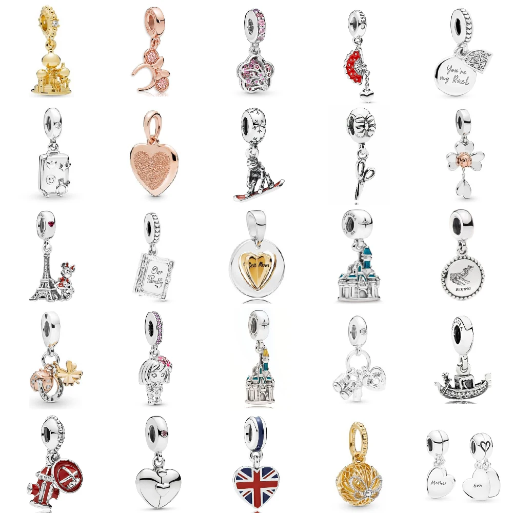 

EDELL 100% 925 Sterling Silver SHINE CASTLE HANGING CHARM Rock Suitcase Rose Clover & Ladybird Family Book Pendant