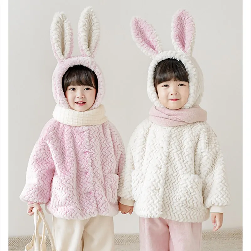 

kids clothes boys and girls lovely coat Plush cartoon bunny ear hat hoodie