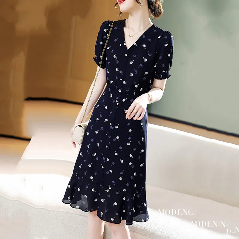 

French Elegant Summer Dress For Women 2023 Summer New Fashion V-Neck Short Sleeve Print Tea Break Office Lady Maxi Dresses