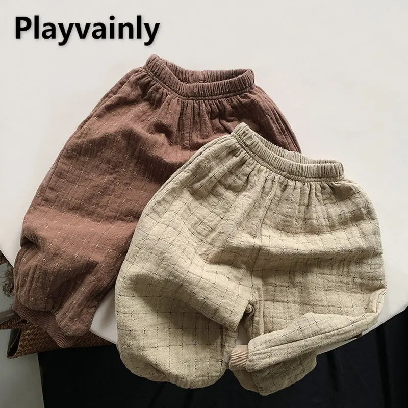 Осенние штаны для маленьких мальчиков и девочек, повседневные свободные штаны цвета хаки из двойного хлопка, кофейного цвета, с эластичным поясом, шаровары, детская одежда E2215