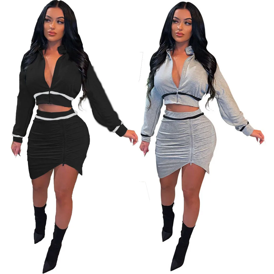 

WUHE Street Women's Dress Set Mini Long Sleeve Jacket and Ruched Irregular Skirts Suit Casual Two Piece Outfits