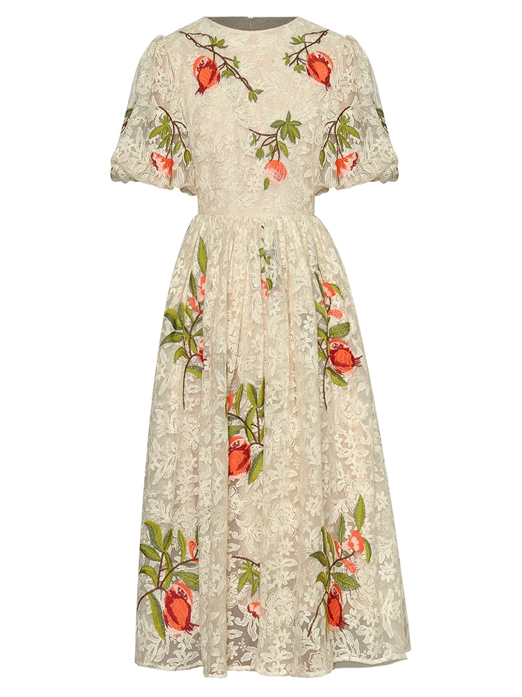 Sweetsince Tulle Embroidery Dress Spring Summer Women Bubble Sleeves High Waist Medium Length High Quality Luxury 2023 Designer