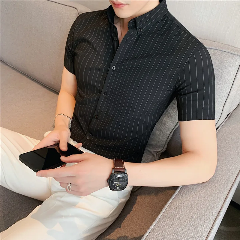 Classic Striped Shirts for Men Summer Short Sleeve Slim Casual Shirt Elasticity Business Social Formal Dress Shirts Man Clothing