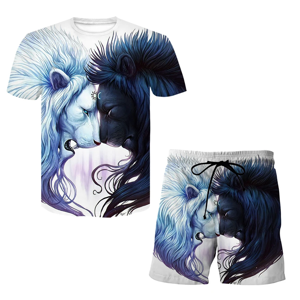 

Men's Animal Tattoo T-shirt Set 3D Fierce Lion Print Oversized T-shirt Shorts Suit Men's Sportswear Summer Men's Clothing Set