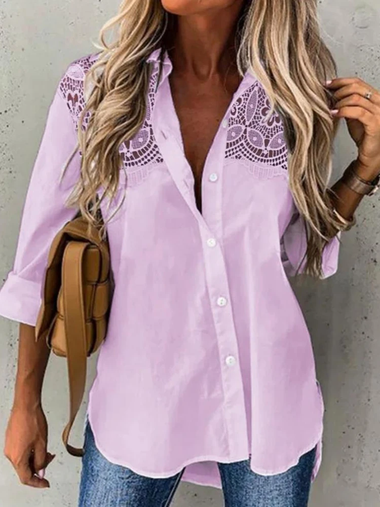 

Chic Summer Shirt Soft Lady Shirt Hollow Out Turn-down Collar Lady Shirt