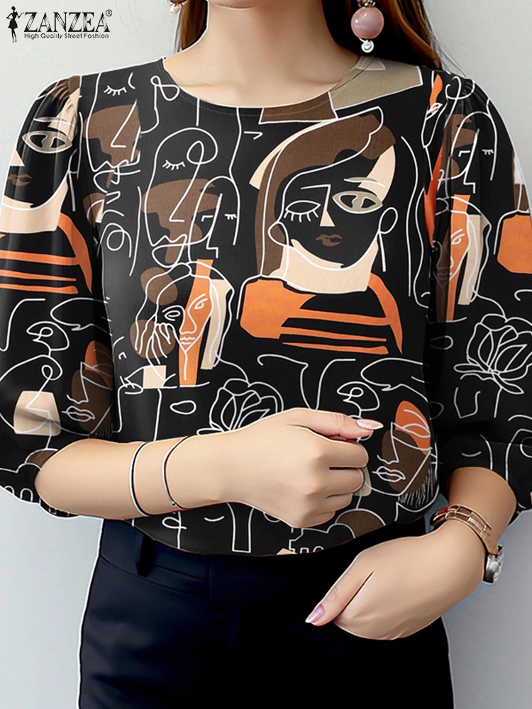 ZANZEA Bohemain Printed Blouses Summer Fashion Women Shirt Female Elegant Work Tops Mujer Casual O Neck 3/4 Sleeve Blusas Tunic