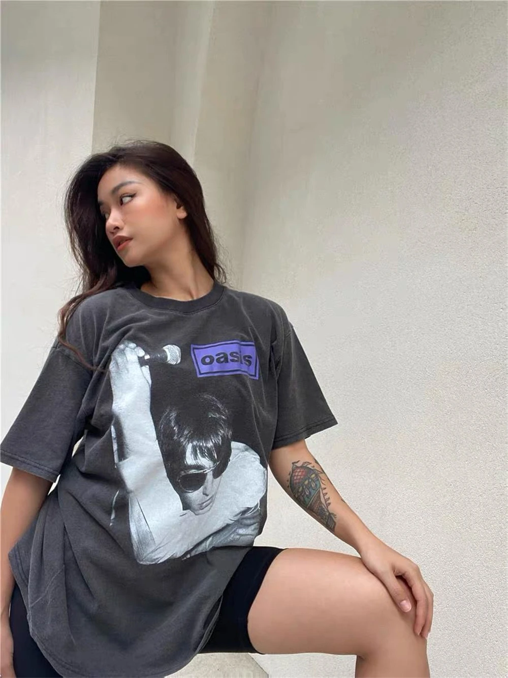 

New oasis rock band popular loose punk style retro wash casual Vintage short sleeve loose men's and women's couple T-shirt