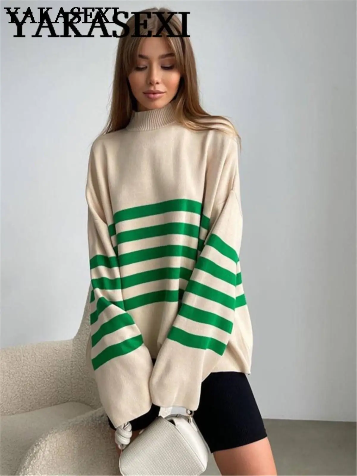 

YAKASEXI 2022 Turtleneck Stripe Knitted Sweater Women Oversized Loose Long Sleeve Pullovers Autumn Winter Tees