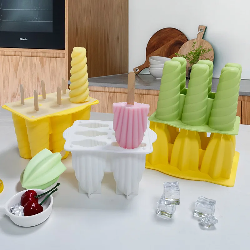 

New 6 Hole Silicone Ice Cream Forms Popsicle Molds DIY Homemade Dessert Fruit Juice Ice Pop Cube Stereo Mould With cover Sticks