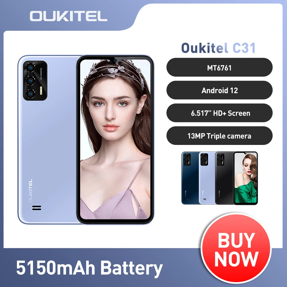 OUKITEL C31 смартфон на Android 12 мобильный телефон 3 ГБ + 16 Гб 5150 мАч 13MP Тройная задняя камера 6,517 ''HD + мобильный телефон
