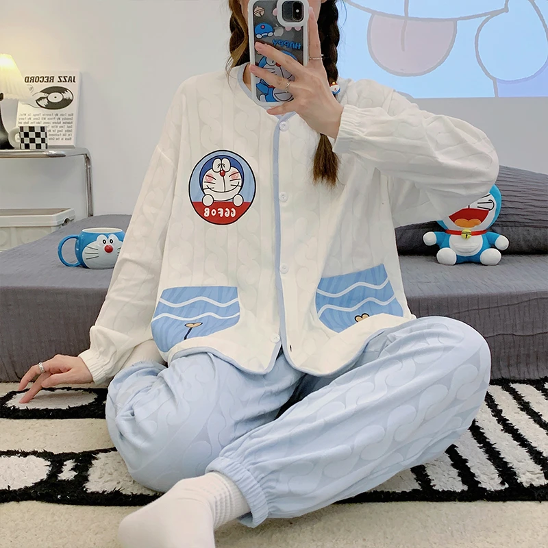Women Pajamas Sets Spring Sleepwear Cartoon Doraemon Pyjamas Pour Femme Loose Long Sleeve Girl Pijamas Mujer Ladies Pajamas Suit