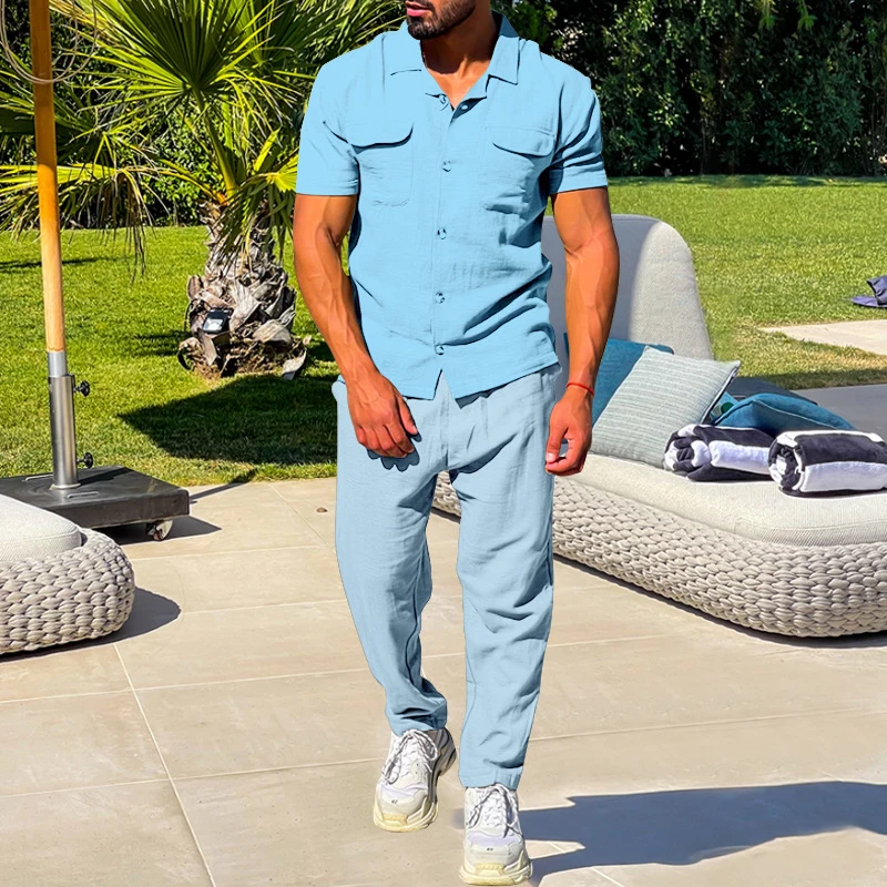 

Tracksuit Men Clothing Breathable Cotton Linen Two Piece Outfits 2023 Solid Short Sleeve Button Shirt Top+Long Sweatpant Suit