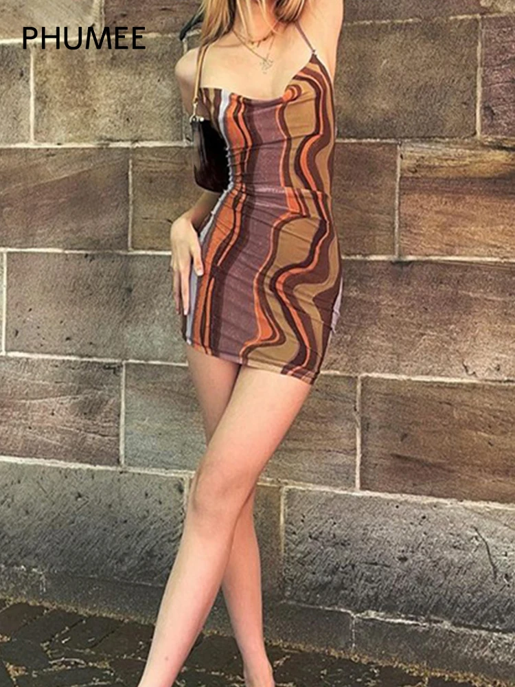 

Women's Mini Dress Sling Pullover Slim Sleeveless Print Dresses Above Knee Dress High Waist Bag Hip Casual Dress Summer New Y2K