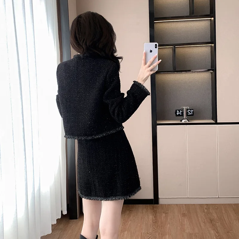 Черный женский комплект из 2 предметов грубого твида куртка + юбка с высокой