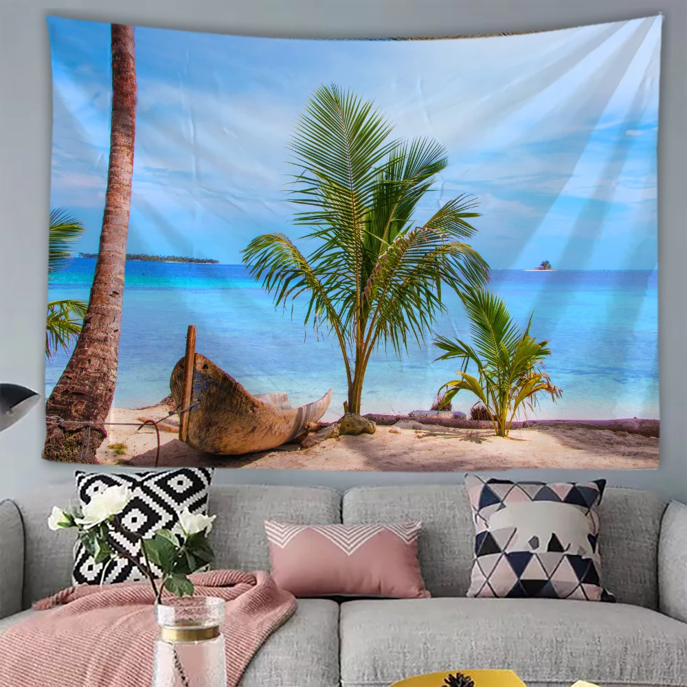 

Tropical Tree Beach Hanging Wall Cloth Sunset Sea Wall Hanging Nature Landscape Wave Tapestry Dormitory Home Decor Blanket