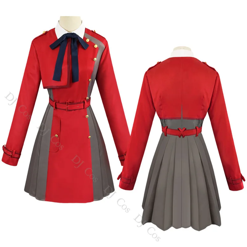 Костюм для косплея Chisato Nishikigi Anime Lycoris Recoil - красное платье, парик, рюкзак, аксессуар для волос, униформа, рубашка, чулки для девочек и женщин.